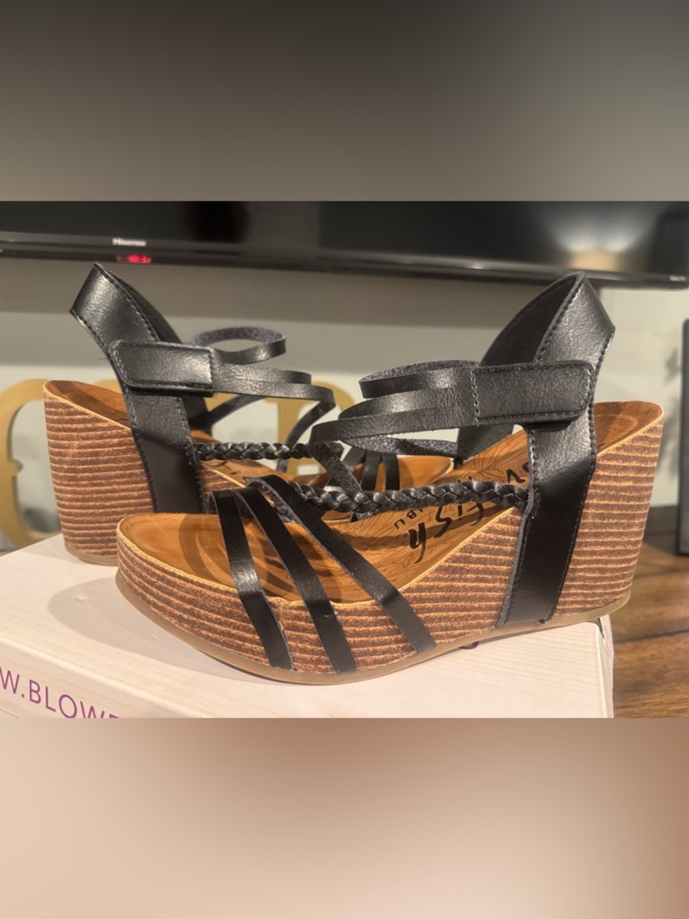 Blowfish Black Braided Strap Wedge Sandals